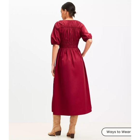 Loft Petite Shirred Tie Neck Midi Dress Rio Red Large - Picture 4 of 10